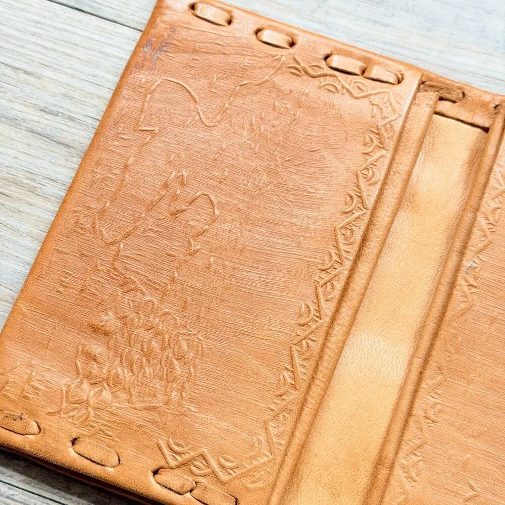 Vintage Tooled Leather Wallet Western Horse Cowboy Tan Bifold Snap Closure